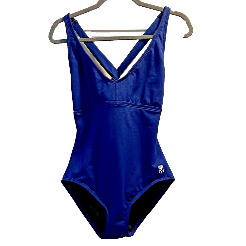 TYR Women’s Size 14 Blue One-Piece Swimsuit V-Neck Racerback Cross Back Lined